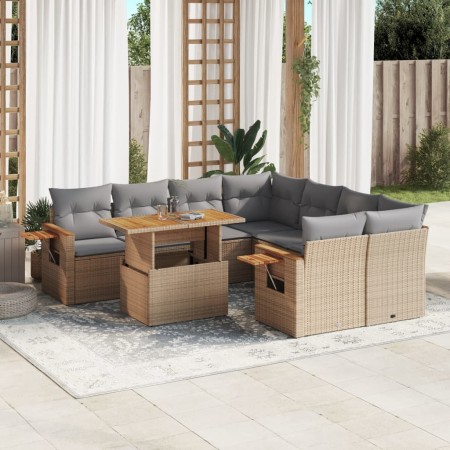 Set de sofás de jardín 9 pzas con cojines ratán sintético beige