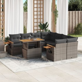 Set de muebles de jardín 9 pzas y cojines ratán sintético gris