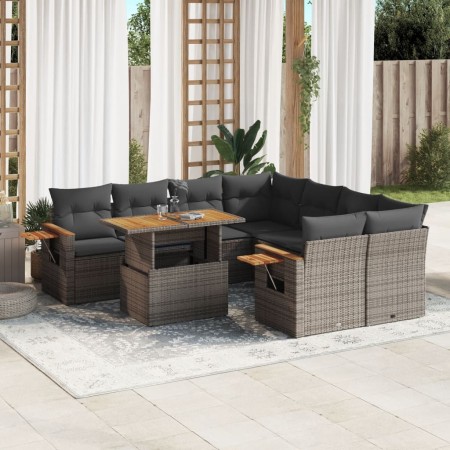 Set de muebles de jardín 9 pzas y cojines ratán sintético gris