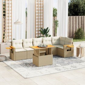Set sofás de jardín 7 piezas y cojines ratán sintético beige
