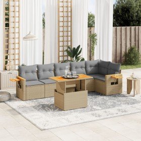 Set sofás de jardín 7 piezas y cojines ratán sintético beige