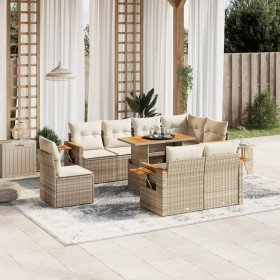 Set de sofás de jardín 9 pzas con cojines ratán sintético beige Set de sofás de jardín 9 pzas con cojines ratán sintético beige
