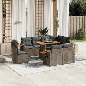 Set de muebles de jardín 9 pzas y cojines ratán sintético gris