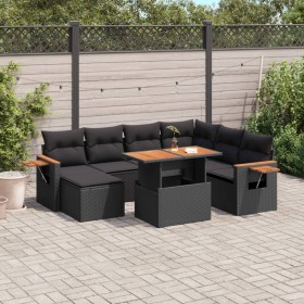 Set de sofás de jardín 8 piezas y cojines ratán sintético negro