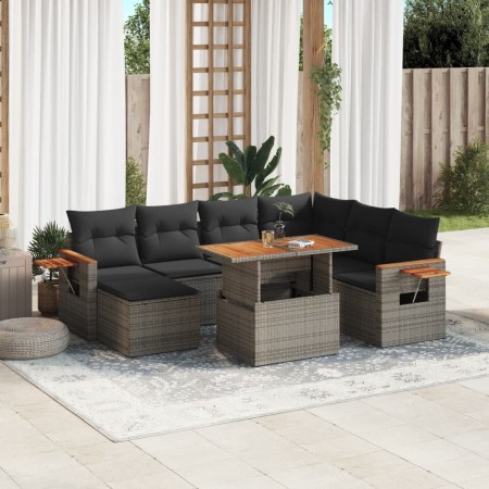 Set de sofás de jardín 8 pzas y cojines ratán sintético gris