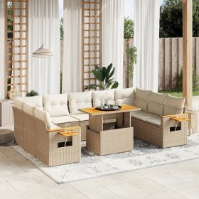 Set de sofás de jardín 11pzas con cojines ratán sintético beige
