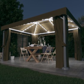 Cenador con cortina y tira de luces LED aluminio taupé 4x3 m