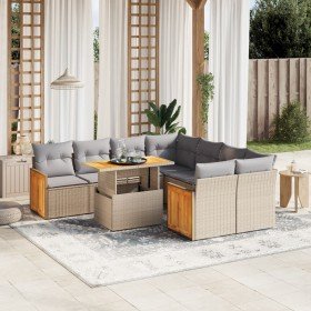 Set de sofás de jardín 9 pzas con cojines ratán sintético beige