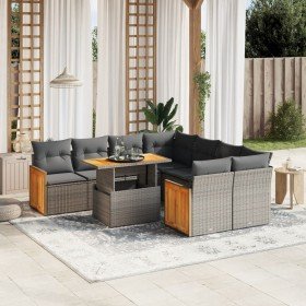 Set de muebles de jardín 9 pzas y cojines ratán sintético gris