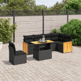 Set de comedor de jardín 7 pzas y cojines ratán sintético negro