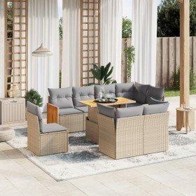 Set de sofás de jardín 9 pzas con cojines ratán sintético beige