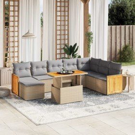 Set de sofás de jardín 9 pzas con cojines ratán sintético beige