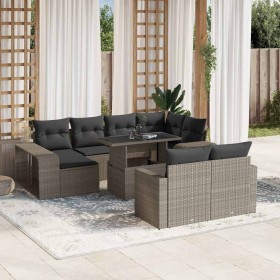 Set de sofás de jardín 11 pzas y cojines ratán sintético gris
