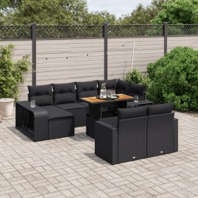 Set de sofás de jardín 11 pzas y cojines ratán sintético negro