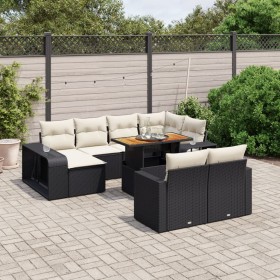 Set de sofás de jardín 11 pzas y cojines ratán sintético negro