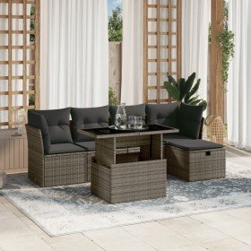 Set de muebles de jardín 6 pzas y cojines ratán sintético gris