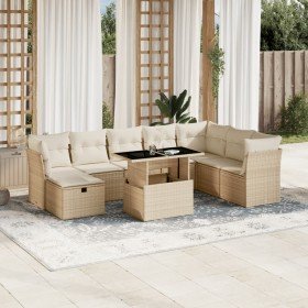 Set de sofás de jardín 9 pzas con cojines ratán sintético beige
