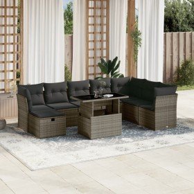 Set de muebles de jardín 9 pzas y cojines ratán sintético gris