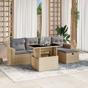 Juego de sofás jardín con cojines 6 pzas ratán sintético beige