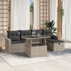 Set de sofás de jardín 6 pzas y cojines ratán sintético gris