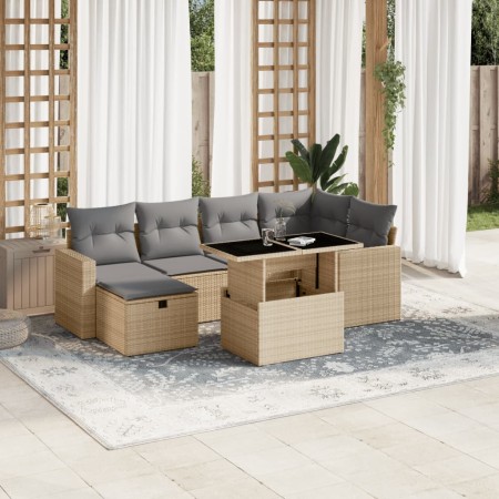 Set sofás de jardín 7 piezas y cojines ratán sintético beige
