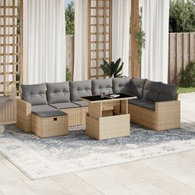 Set de sofás de jardín 9 pzas con cojines ratán sintético beige