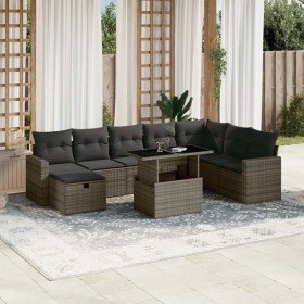 Set de muebles de jardín 9 pzas y cojines ratán sintético gris