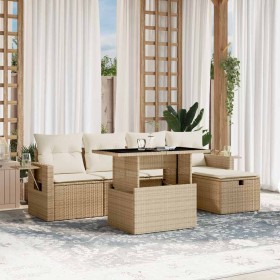 Juego de sofás jardín con cojines 6 pzas ratán sintético beige