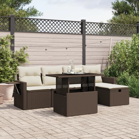 Set sofás de jardín 6 piezas y cojines ratán sintético marrón