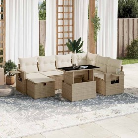 Set de sofás de jardín y cojines 8 piezas ratán sintético beige