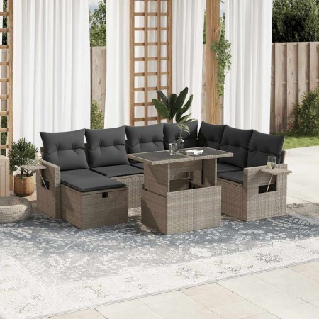 Set de sofás de jardín 8 pzas y cojines ratán sintético gris