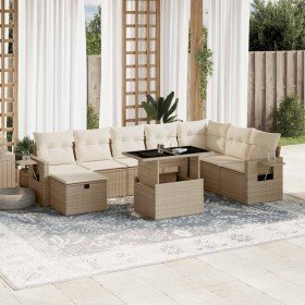 Set de sofás de jardín 9 pzas con cojines ratán sintético beige