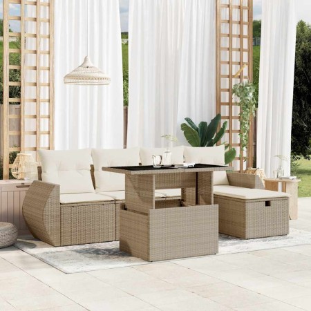 Juego de sofás jardín con cojines 6 pzas ratán sintético beige