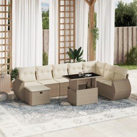 Set de sofás de jardín 9 pzas con cojines ratán sintético beige Set de sofás de jardín 9 pzas con cojines ratán sintético beige