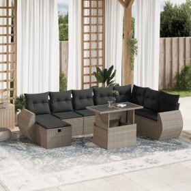 Set muebles jardín 9 pzas y cojines ratán sintético gris claro