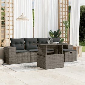 Set de muebles de jardín 6 pzas y cojines ratán sintético gris
