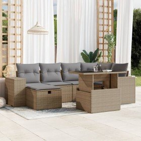 Set sofás de jardín 7 piezas y cojines ratán sintético beige