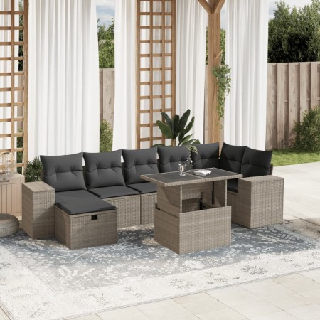 Set de sofás de jardín 8 pzas y cojines ratán sintético gris