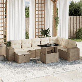 Set de sofás de jardín 9 pzas con cojines ratán sintético beige