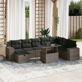 Set de muebles de jardín 9 pzas y cojines ratán sintético gris