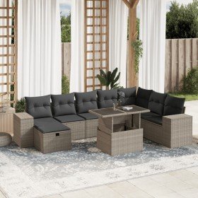 Set muebles jardín 9 pzas y cojines ratán sintético gris claro