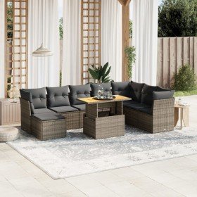 Set de muebles de jardín 9 pzas y cojines ratán sintético gris