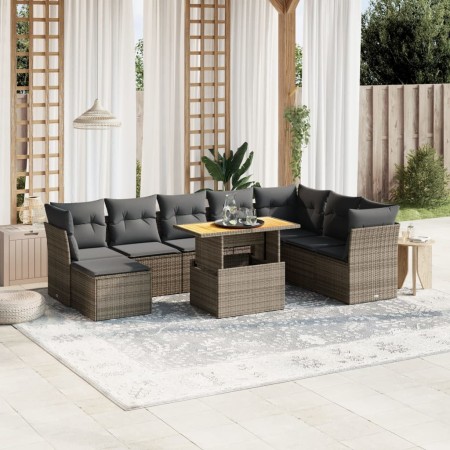 Set de muebles de jardín 9 pzas y cojines ratán sintético gris