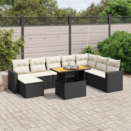 Set de sofás de jardín 8 piezas y cojines ratán sintético negro