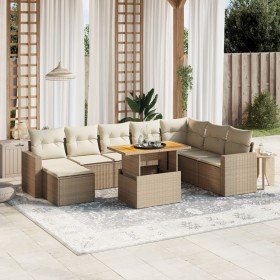 Set de sofás de jardín 9 pzas con cojines ratán sintético beige