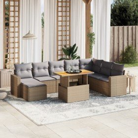 Set de sofás de jardín 9 pzas con cojines ratán sintético beige