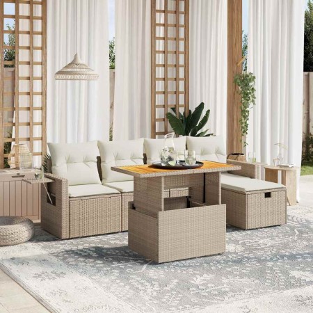 Juego de sofás jardín con cojines 6 pzas ratán sintético beige