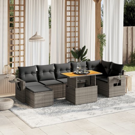 Set de sofás de jardín 8 pzas y cojines ratán sintético gris