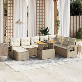 Set de sofás de jardín 9 pzas con cojines ratán sintético beige
