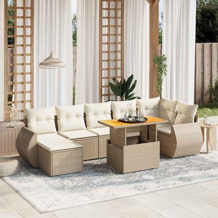 Juego de sofás de jardín con cojines beige 8 pzas ratán PE